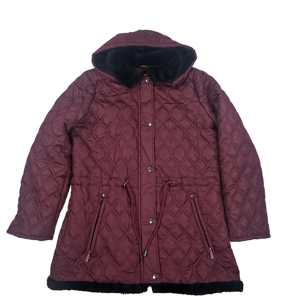 Sporto Womens Quilted Parka Jacket Burgundy Faux Fur Lined Hooded Size M
